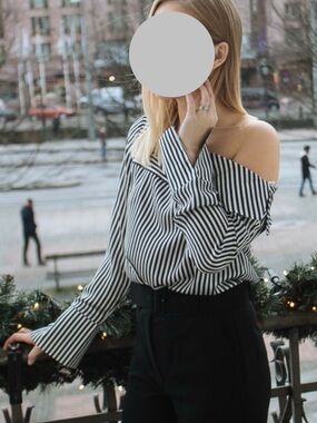 Gina Tricot Black & White Striped One-Shoulder Blouse